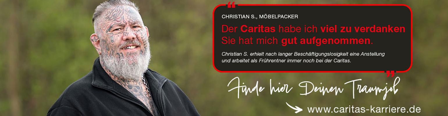Ein tätowierter Obdachloser erklärt, dass die Caritas ihm geholfen hat. (c) Caritas Ein tätowierter Obdachloser erklärt, dass die Caritas ihm geholfen hat.